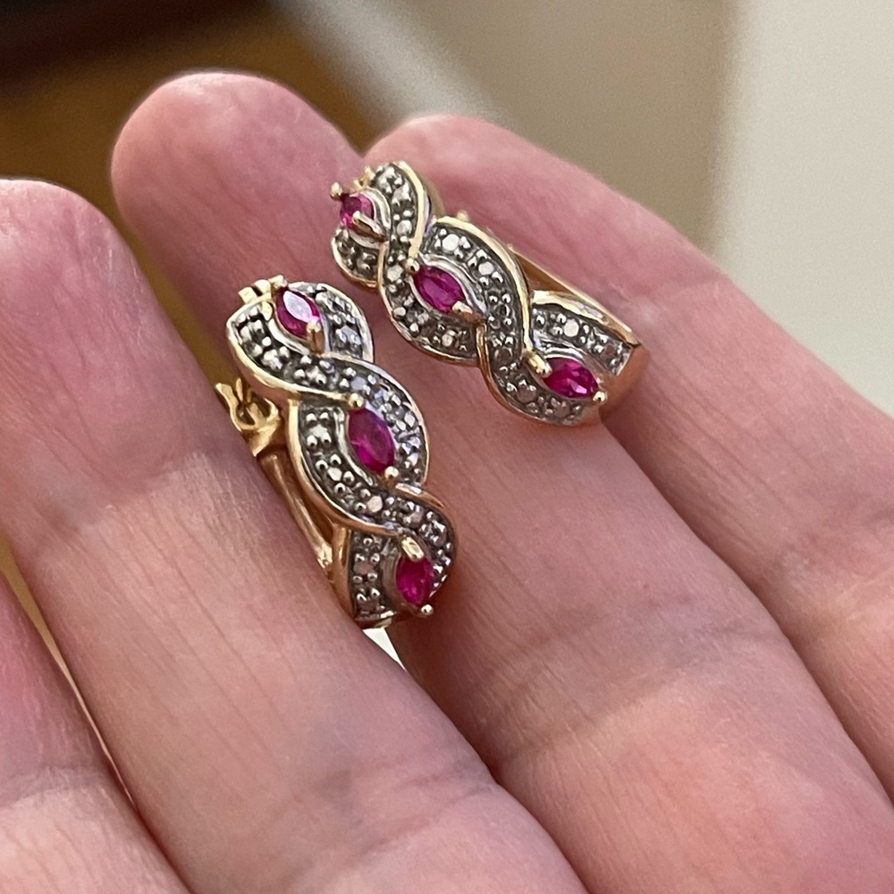 Natural diamond & lab grown ruby gold plated sterling silver earrings - Picture 9 of 12